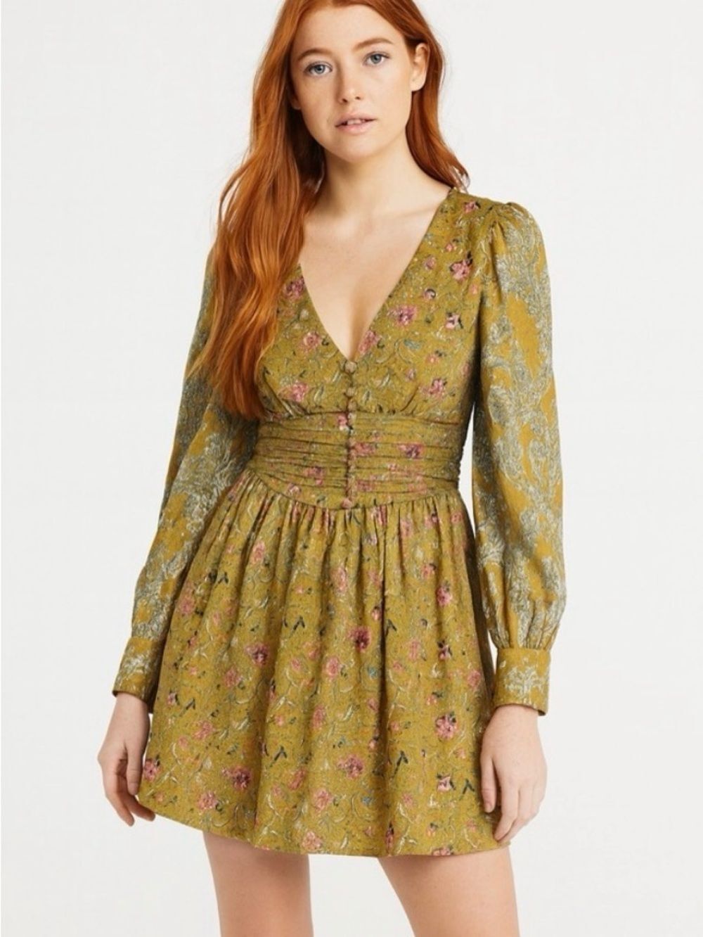 House of Harlow 1960 Olive Floral V-Neck Long Sleeve Dress with Pink Accents S